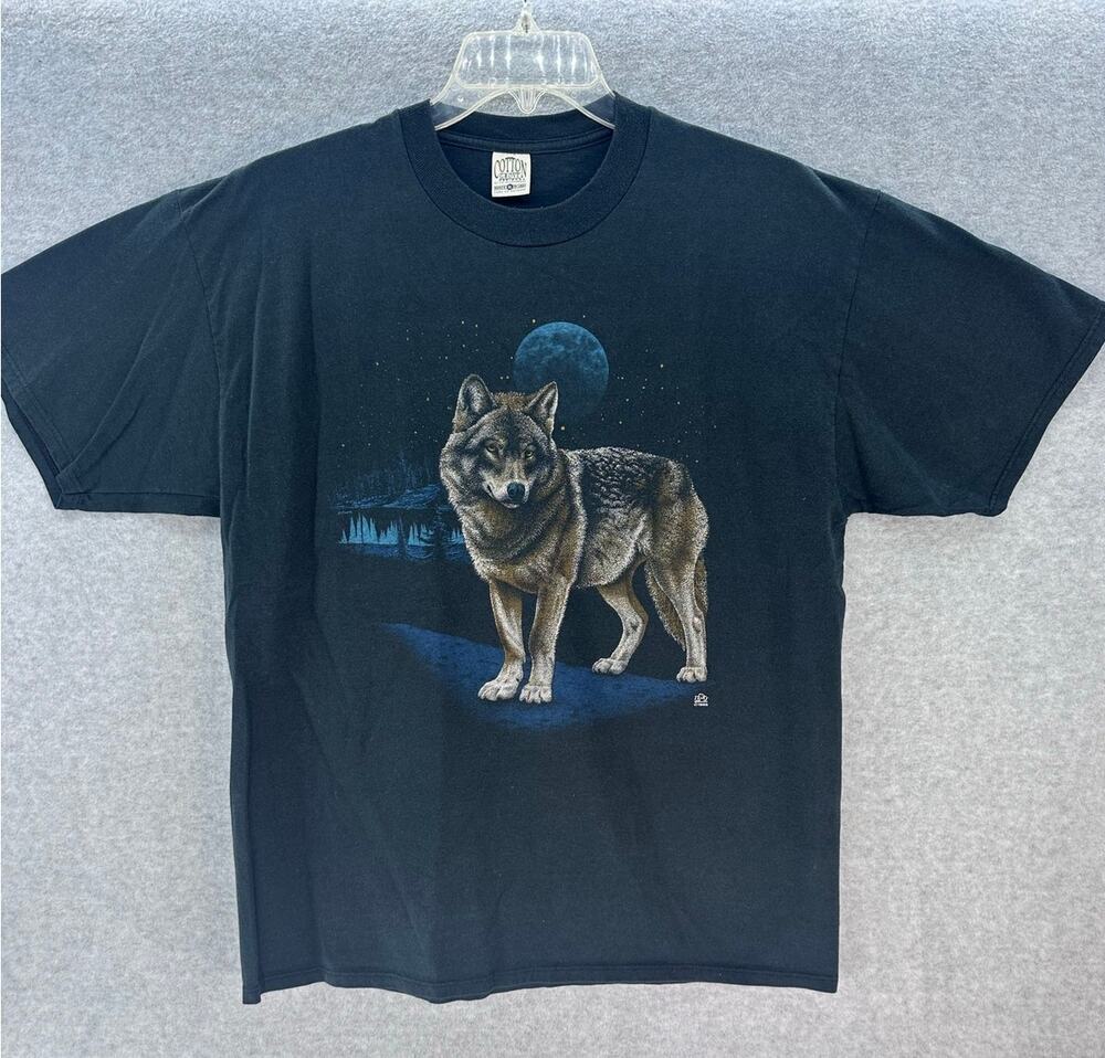 VTG Cotton Grove 1989 Unisex XL Wolf Print T Shirt  LSJ Sportswear Napoelon 80s